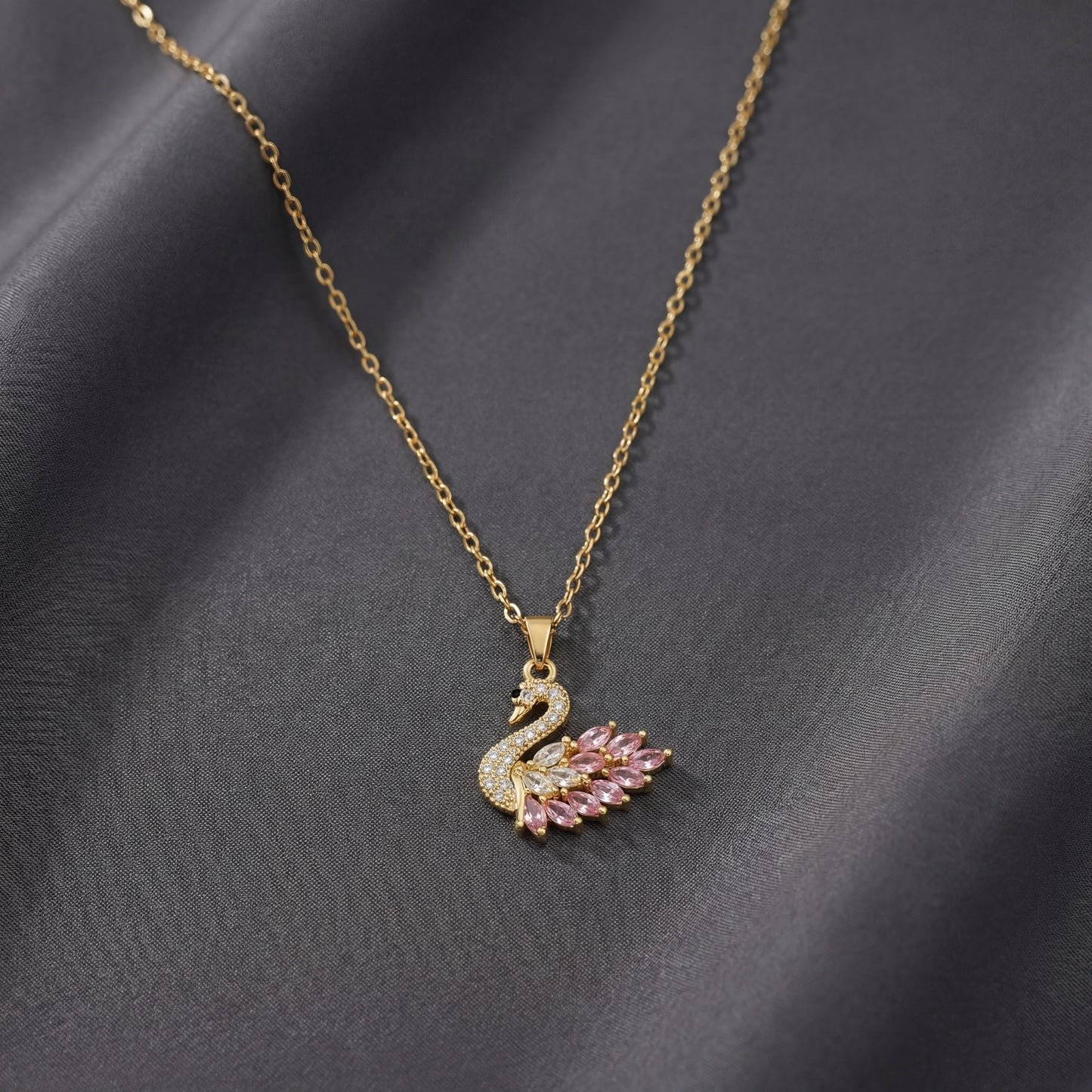 Çelik Kuğu Gold Kolye 45 Cm (Pembe Zirkon Taş)