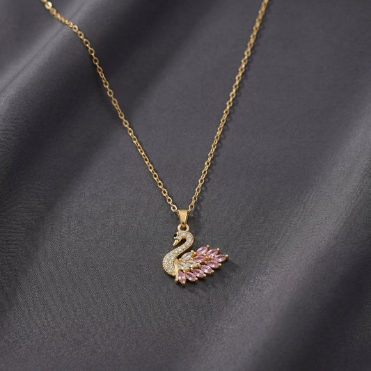 Çelik Kuğu Gold Kolye 45 Cm (Pembe Zirkon Taş)