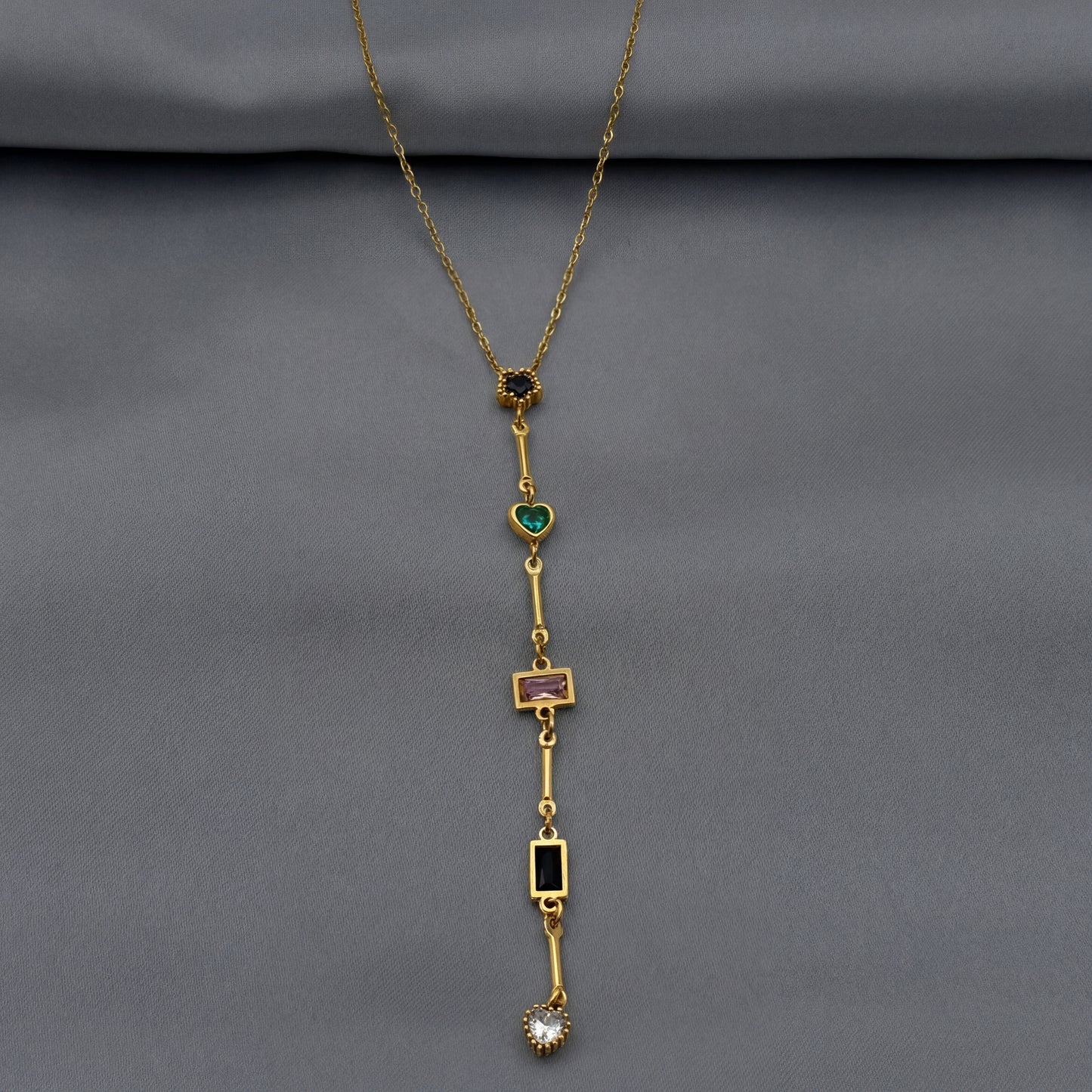 Çelik Gold Y Kolye Renkli Taşlı 45 cm