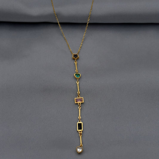 Çelik Gold Y Kolye Renkli Taşlı 45 cm