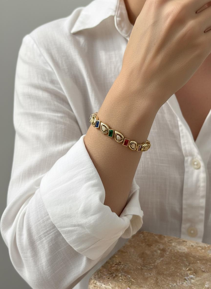 Vip 14k Gold Damla Renkli Taşlı Bileklik
