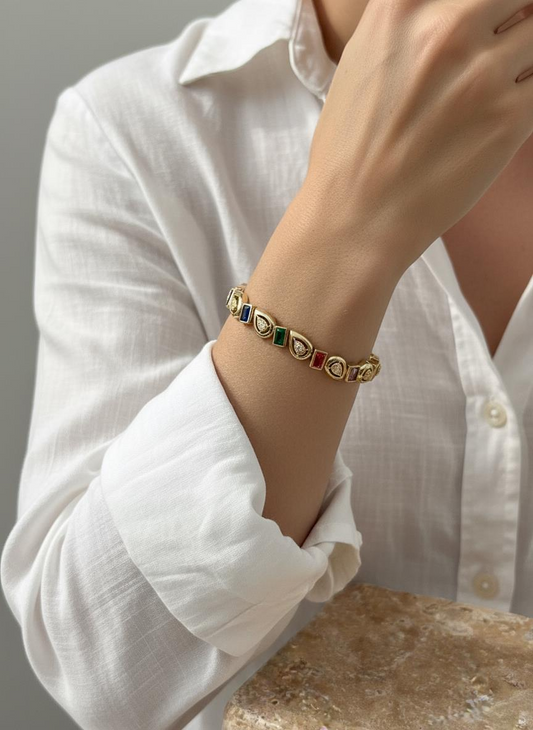 Vip 14k Gold Damla Renkli Taşlı Bileklik
